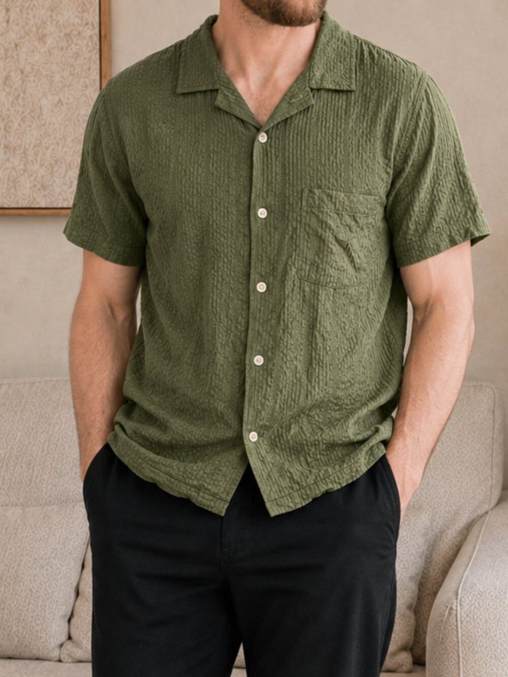 Corridor NY Double Cloth Army Green Camp Collar Short Sleeve Resort Shirt Size M